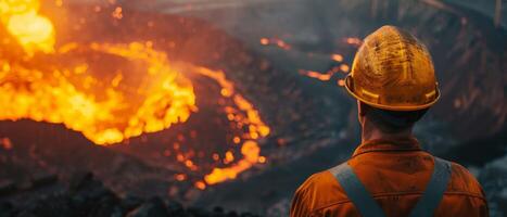 A worker in protective gear looks at a fiery industrial accident photo