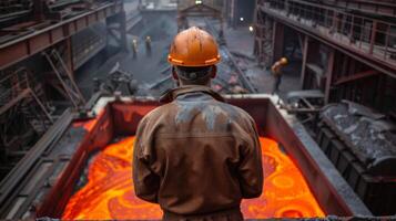 A steelworker looks over a vat of molten metal. photo