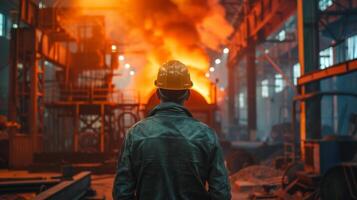 Steelworker standing in front of a blast furnace photo
