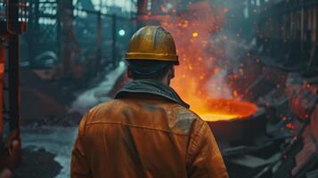 Steel mill worker wearing protective gear observes the sparks from the molten metal being poured. photo