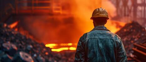 Steelworker standing in front of a blast furnace photo