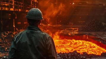 A steelworker looks at a furnace full of molten metal. photo