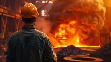 A steelworker looks at a blast furnace. photo