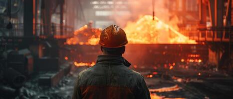 A steelworker looks at a furnace. photo
