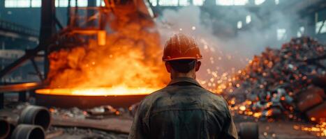 A steelworker is watching a furnace. photo