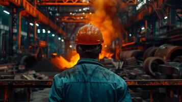 A steelworker wearing a hard hat looks out over a factory floor. photo