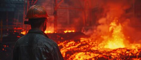 A steelworker looks at a furnace. photo