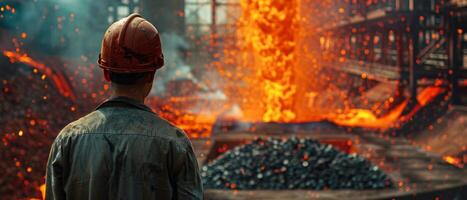 A steelworker looks at the molten metal being poured into a mold. photo