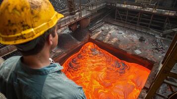 A worker wearing a hard hat looks down at a large vat of molten metal. photo