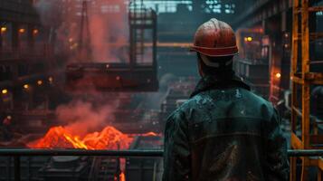 A steelworker looks at a furnace. photo