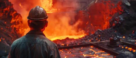 Steelworker standing in front of a blast furnace photo