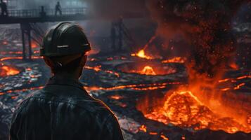 A lone steel worker looks out over a slag heap. photo