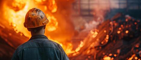 A firefighter wearing a protective suit and helmet looks at a raging fire. photo