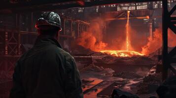 A steelworker looks at a molten metal being poured into a mold. photo