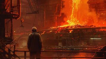 A steelworker looks on as molten metal is poured from a ladle into a mold. photo