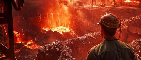 A steelworker looks at a blast furnace. photo