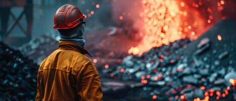 A steelworker looks at the molten metal being poured into a mold. photo