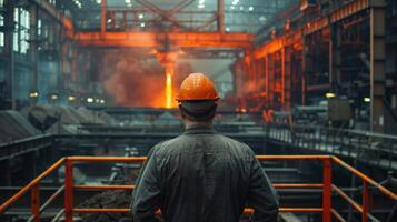 Steel mill worker looking at the molten metal being poured from a ladle into a mold. photo