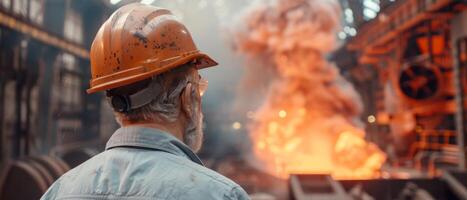 Steel mill worker wearing hard hat looking at the flames from a blast furnace photo