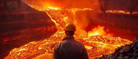 A steel worker looks at a river of molten metal. photo