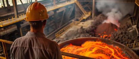 Steel mill worker looking at molten metal photo