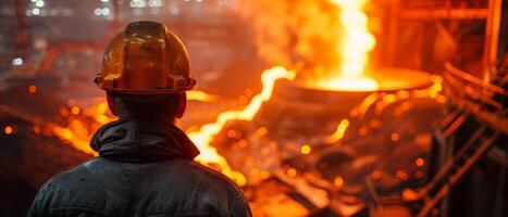 Steelworker wearing protective gear looks at the molten metal being poured from a ladle into a mold. photo