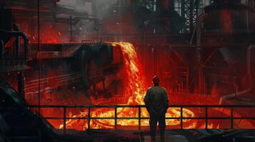 A lone worker stands on a catwalk overlooking a vast, fiery furnace. photo