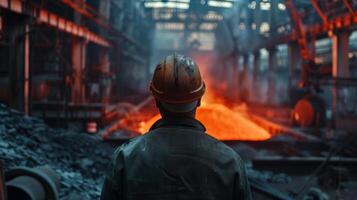 Lonely steel mill worker looking at the molten metal. photo