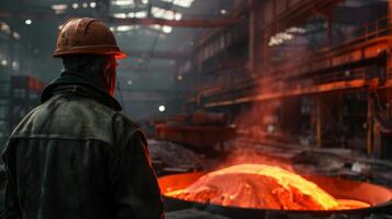 A steelworker looks at a furnace. photo