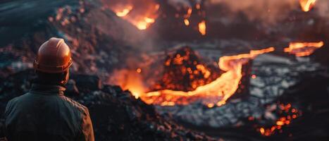 A lone firefighter wearing a protective fire suit and helmet stands on a desolate plain watching a river of lava flow towards him. photo