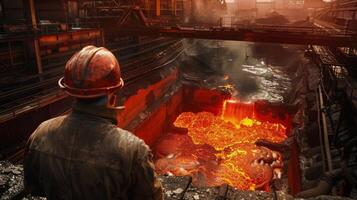 A steel worker looks down at a molten steel. photo