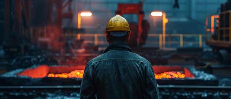 Lonely factory worker looking at the blast furnace photo