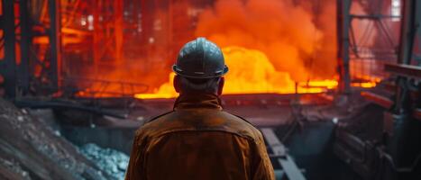 Steelworker in hard hat and protective gear looking at the molten metal in the furnace photo