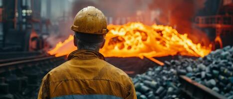 Steelworker in protective gear looking at the molten metal photo