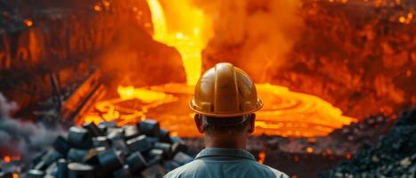 A steel worker looks at the molten metal being poured into a mold. photo