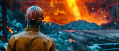 A steelworker looks at the molten metal being poured into a mold. photo