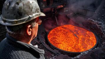 Steelworker looks at a giant cauldron of molten metal photo
