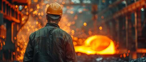 Lonely steel mill worker looking at the sparks from the molten metal being poured. photo