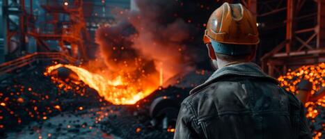A steelworker looks at the molten metal being poured into a mold. photo