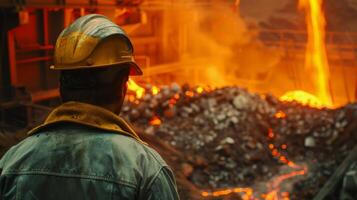Steel mill worker looking at the molten metal. photo