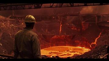 A steel worker looks at a blast furnace. photo