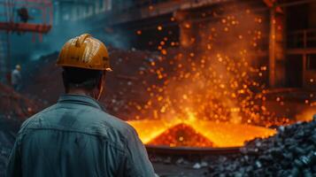 A steelworker wearing a hard hat looks at a furnace. photo