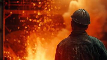 Steelworker in hard hat looking at sparks from molten metal photo