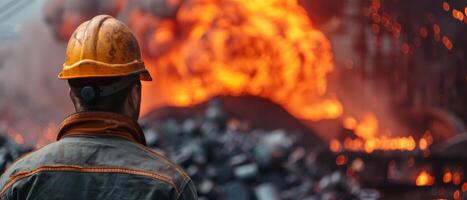 A steelworker looks at a furnace. photo