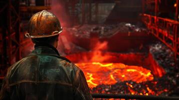 A steelworker looks at a furnace. photo