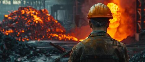 A steelworker looks at a furnace. photo