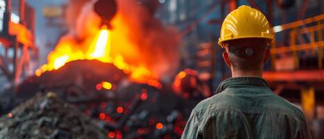 A steelworker wearing a hard hat looks at a furnace. photo