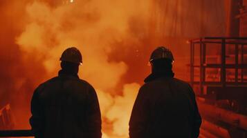 Two steelworkers watch the molten metal being poured into a mold. photo