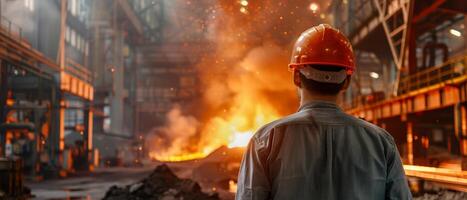 Steelworker wearing protective gear and looking at the sparks from the molten metal being poured. photo