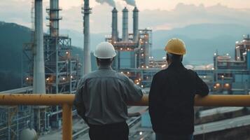 Two engineers in hard hats looking out at an oil refinery. photo
